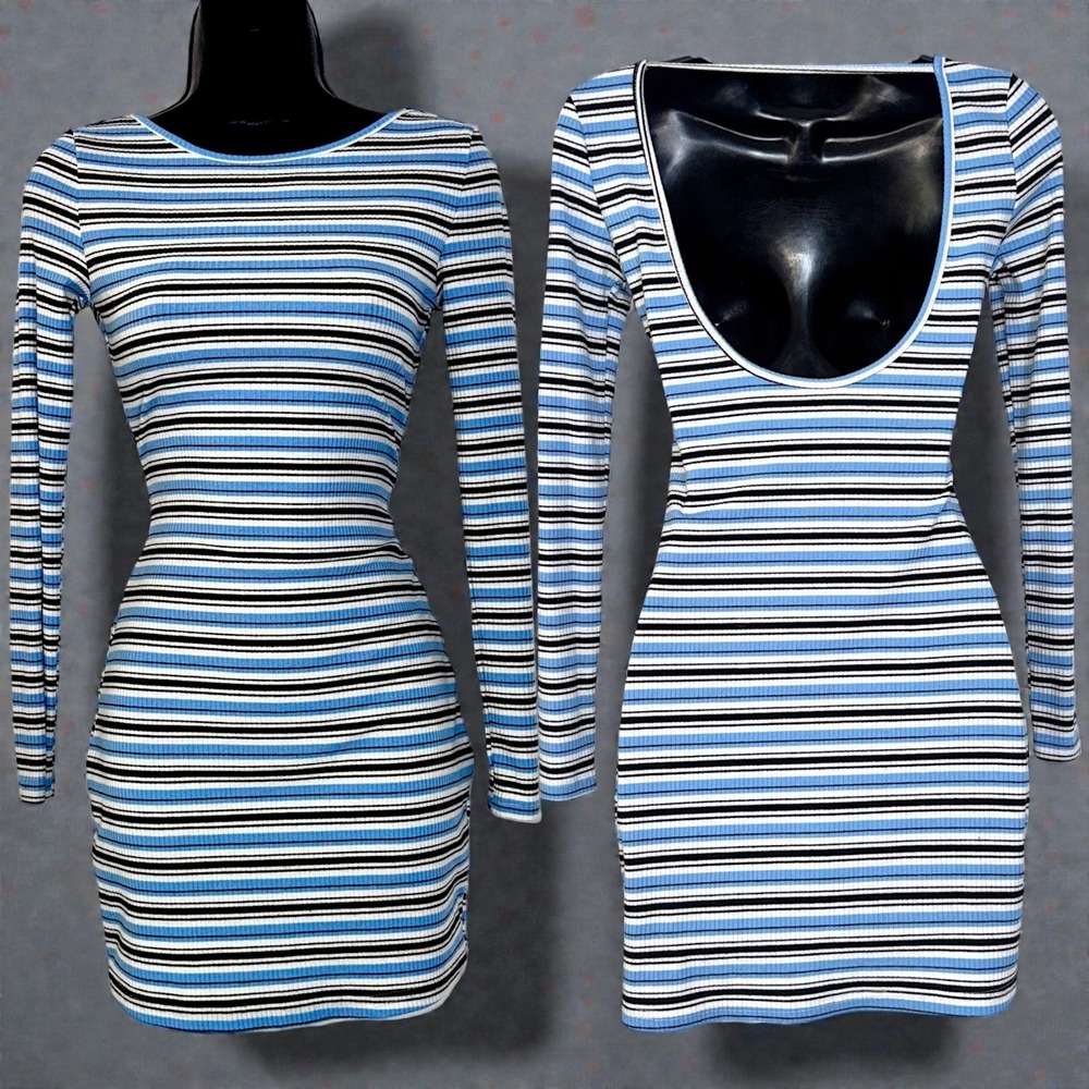 XS Striped Long Sleeve Scoop Back Mini Dress Blue White Black Y2k 90's Backless